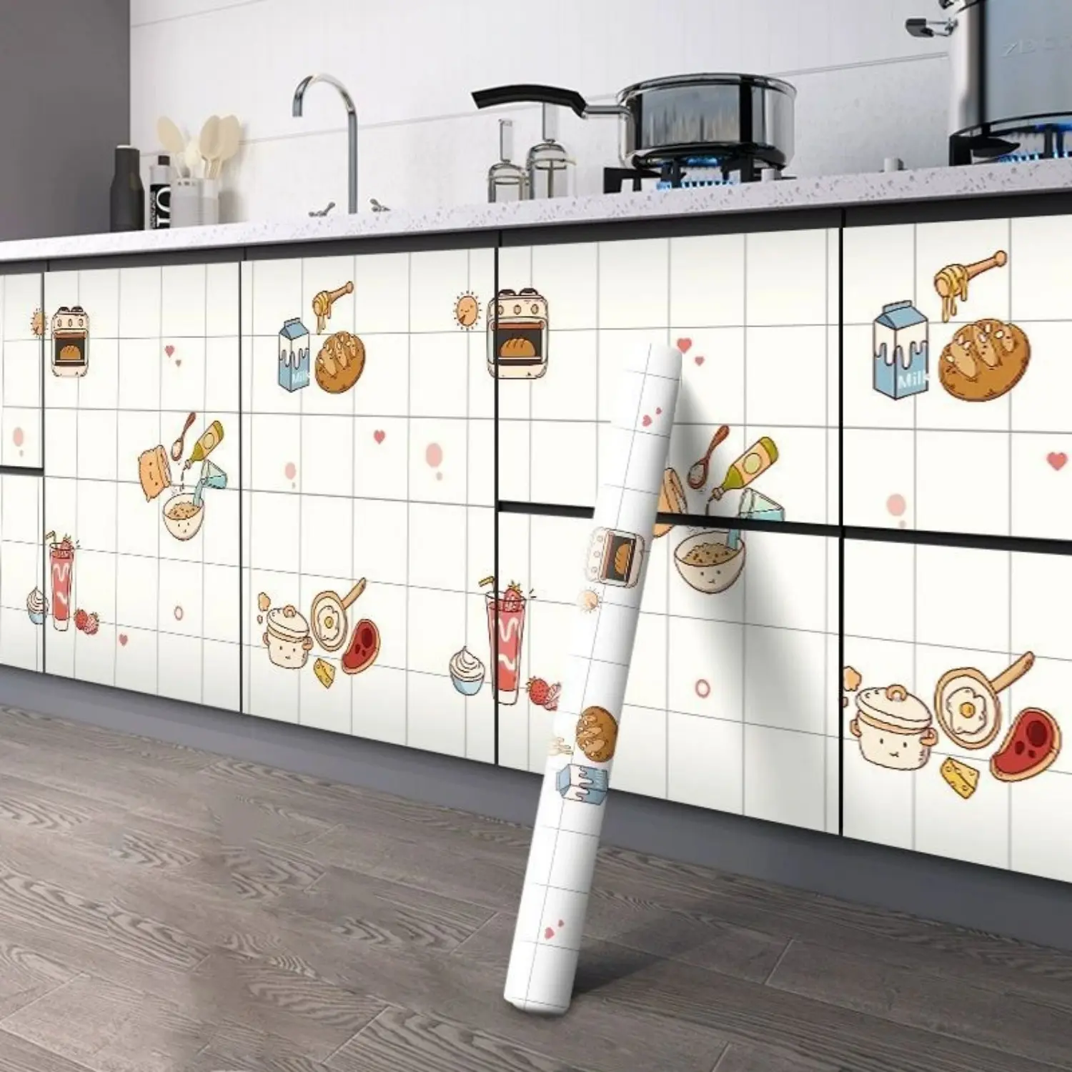 Cartoon Breakfast Food Kitchen Wall Sticker, Waterproof Peel and Stick Removable Wallpaper, Anti-Grease Home Decor for Kitchen Backsplash & Apartment Renovation