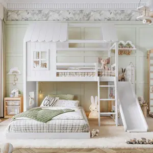 Bellemave Twin-over-Full House Bunk Bed - Kids' Indoor Bed Frame with Ladder, Slide, Storage Shelves and Wardrobe, Playhouse Design