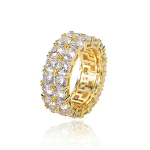 18K Gold Men's Ring Miami Hip-Hop Jewelry Double Row Zircon Ring Trendy Fashion Suitable for Daily High-End Gift
