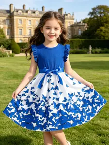 Soft and Lightweight Floral Butterfly Print Dress for Girls, Casual Slim-Fitting Cartoon Pattern, Perfect for Daily Wear, Mother-Daughter Ideas