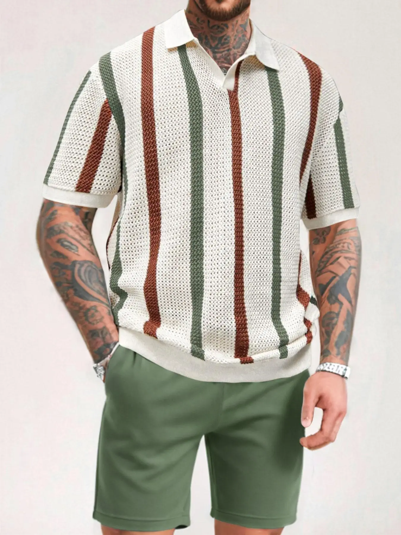 Men's Striped Print Short Sleeve Top & Shorts Two-Piece Set, Casual Fashion Cozy Breathable Top & Shorts for Summer, Men Two-Piece Outfits for Beach V