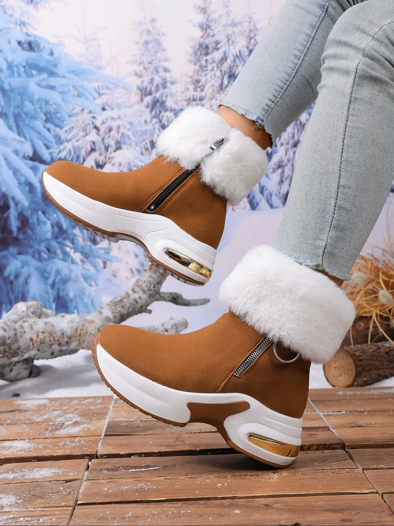 Women's Fashion Thick Warm Short Boots, Side Zip Wedge Heel Casual Comfort Snow Boots, Fur Lined Lightweight Boots for Daily Wear