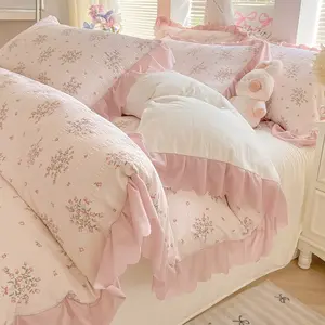 3Pcs Pink Sweet Floral Bedding Set, Includes 1Pc Duvet Cover & 2Pcs Pillowcases,Ultra Soft Bubble Hem Ruffle Design, Single Double Queen size Girs Bedroom Dorm Room Essentials, Soft Bedding Sets