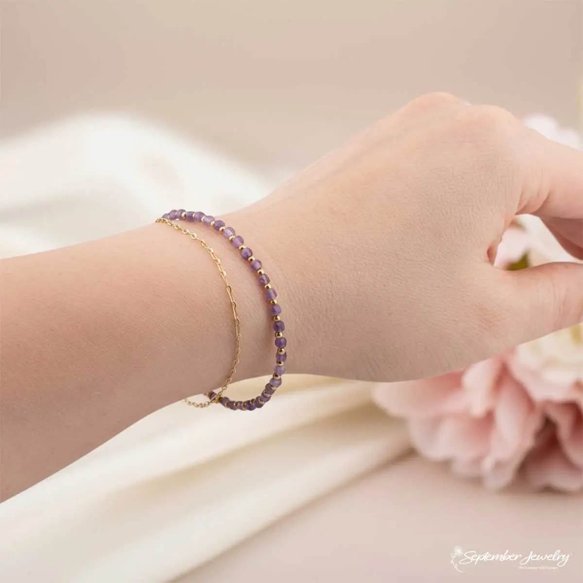 Lavender Amethyst Double Chain Bracelet – 14K Gold Plated Stainless Steel | 6.5" + 2" Extension