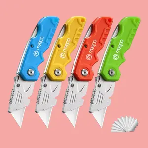 Box Cutter, 4-Pack Tough Folding Box Cutter for Heavy Duty Purpose, Razor Sharp Blade, Comfortable Handle, with Extra 10-Piece Blades, Can cut Drywall, Sheet Plastic, Linoleum, Boxes, Rope