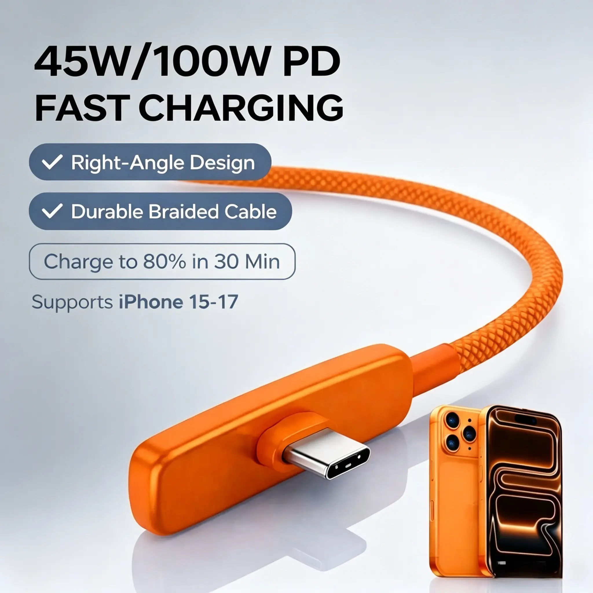 Orange Braided 90-Degree USB-C to USB-C Cable (2pcs), 45W PD Fast Charging Data Cord for Gaming, Compatible with iPhone 15 Pro Max, iPad, MacBook, Fashion Mobile Accessories, Orange C To C （2Pcs）