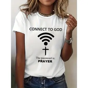 [Prayer T-Shirt] Women's Prayer T-Shirt |   Connect to God Jesus Funny Religious Letter Print |   Short Sleeve Crew Neck Based Top |   Casual Summer Spring Tee for Church Outfits & Spiritual Wear