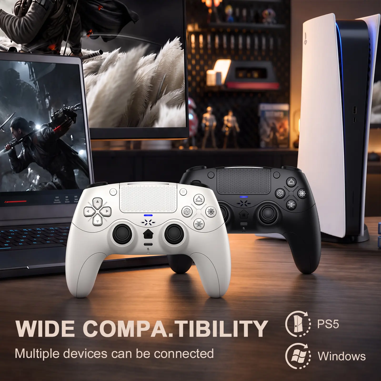 Gamrombo Wireless Controller for PS5 & PC – Bluetooth & USB-C Gamepad with Force Feedback Triggers, Haptic Vibration, Mute Button, Built-in Mic & Speaker