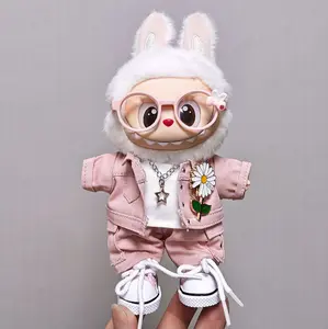 GD Style 6 pcs Outfit Set For 17cm Doll Labubu-Fashion Denim Outfit, Canvas Shoes, Necklace, Glasses & T-Shirt Accessories