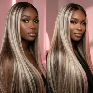 Highlights 4/613 Balayage Blonde Colored Human Hair Wigs 13X6 Lace Frontal Wig Washable Upgrade 12A Remy Hair Quality Luxury Soft Straight Lace Front Wigs For Women 180% Density, Realistic