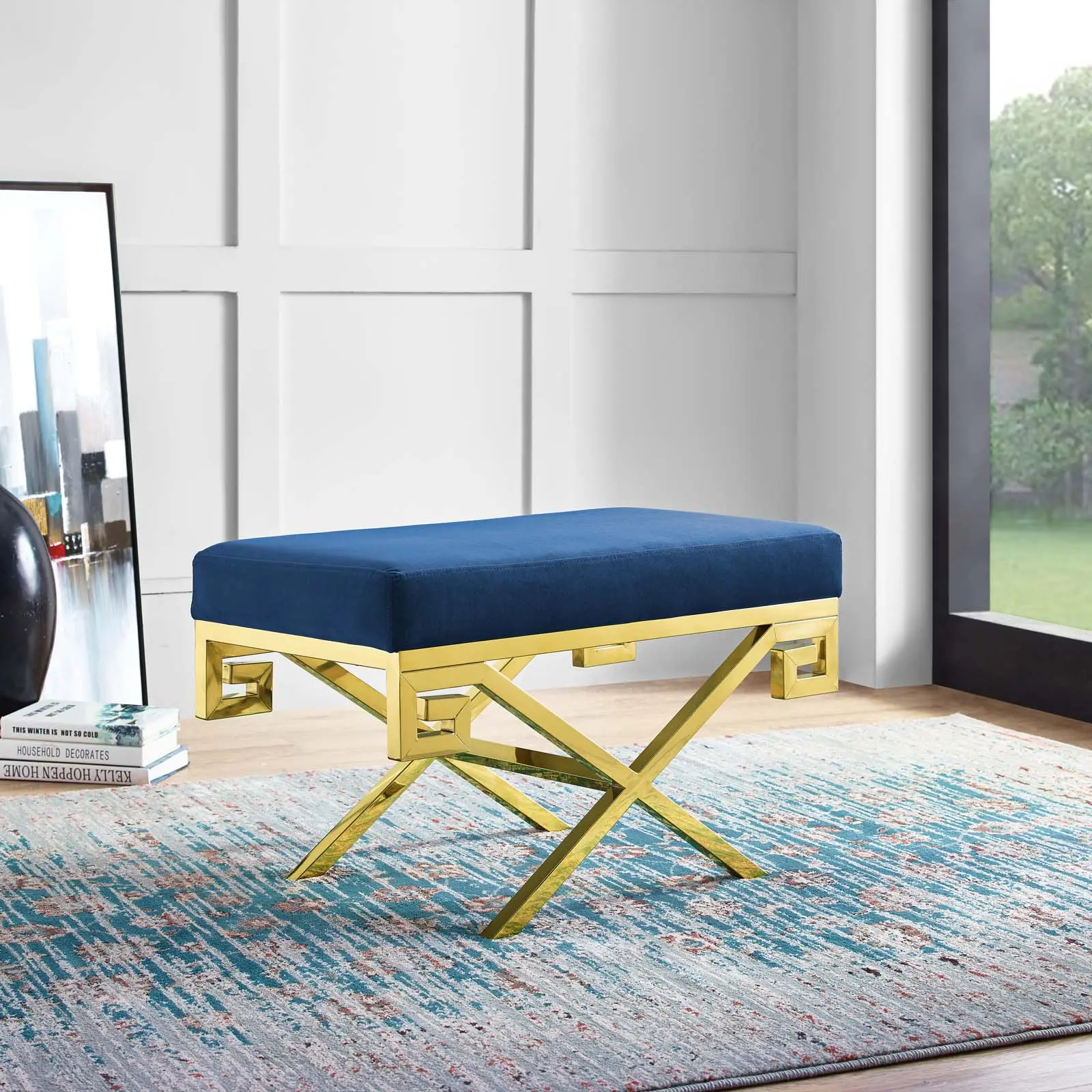 Modway Rove Performance Velvet Bench - Gold-Navy Finish, Stainless Steel Accents, Foam Cushioned Modern Furniture for Living Room Decor, Furniture Living Room Indoor Seating