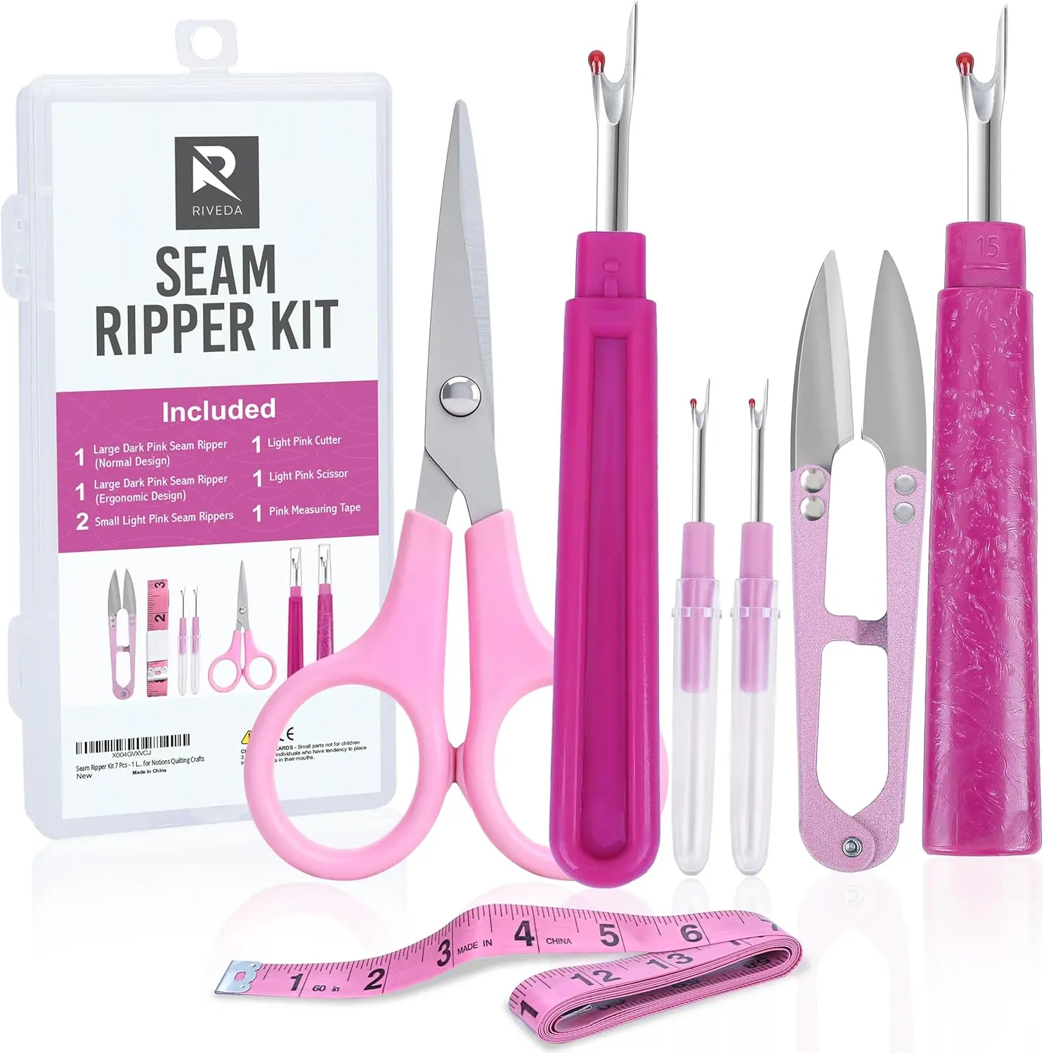 7-Piece Selection Kit - Large Seam Ripper with Handle, Ergonomic Tool, 2 Small Rippers, Thread Cutter, Scissor, Measuring Tape - Sewing & Tailoring Accessories for Quilting Crafts