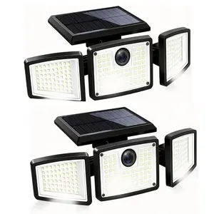 2PCS Solar Powered Triple-Head Motion Activated LED Lights, Dusk to Dawn Waterproof Outdoor Lighting for Yard, Courtyard, Walkway Exterior