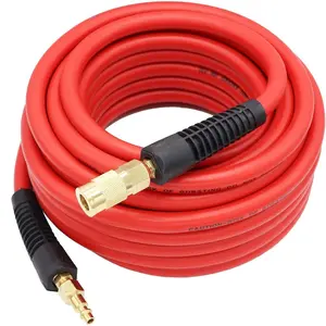Hybrid Air Hose 3/8-Inch by 50- 300 PSI Heavy Duty, Lightweight, Kink Resistant, -Weather Flexibility with 1/4-Inch Brass Male Fittings, Bend Restrictors, Red