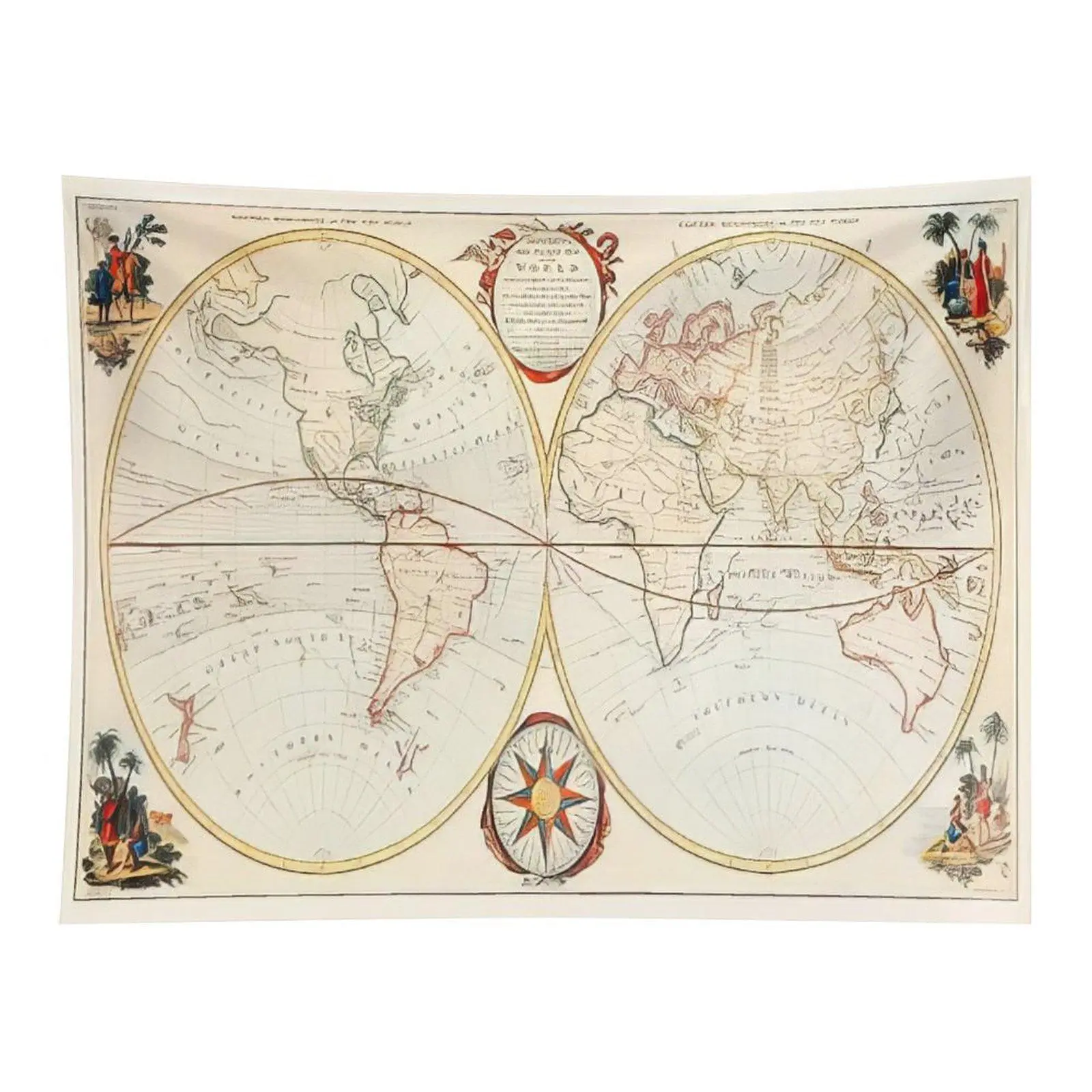 Antique Double Hemisphere World Map Wall Tapestry, Old‑Fashioned Nautical Chart Art for Study Room Vintage Style Wall Decoration