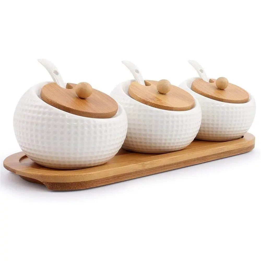 Modern Compact 170ml Porcelain Condiment Jar Set with Lids - Bamboo Cap Holder Spot, Ceramic Serving Spoon, Wooden Tray, Kitchen Decor Pottery Cruet for Home Kitchen Counter, White, Set of 3