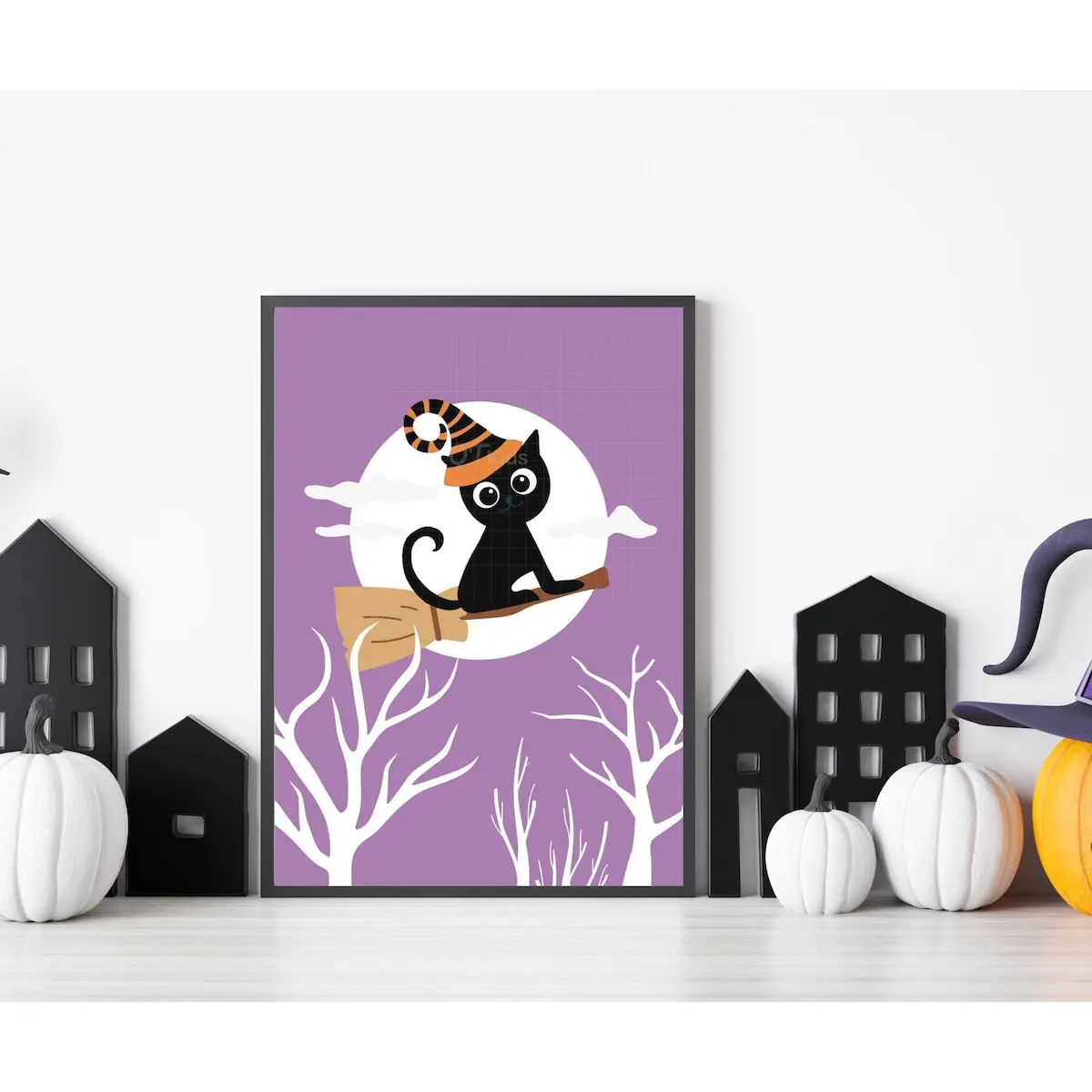 Unframed, Room Decor, Halloween Nursery Print, Halloween Party Decor, Kids Playroom, Black Cat Broomstick Poster, Kids Room Halloween Wall Art (  –  5 Sizes (8x12–27x40 inch)