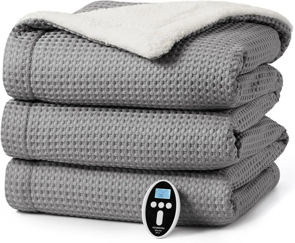 84" x 90" Grey Waffle Heated Throw Blanket,Machine Washable Electric Blankets Fast Heating with LCD Controller,6 Heat Levels & 2-10H Time Settings,Heat Throw for Couch.