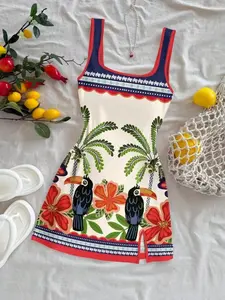 Summer Mini Dress for Women, Tropical Bird Palm Print, Geometric Floral Border, Contrast U-Neck Backless, Casual Vacation Style