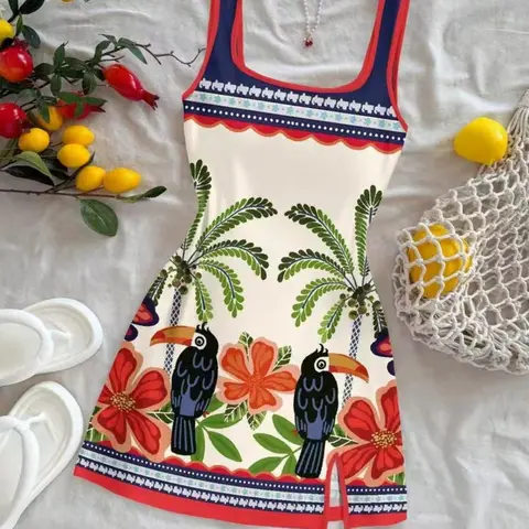 Summer Mini Dress for Women, Sleeveless Tropical Bird Palm Print, Geometric Floral Border, Contrast U-Neck Backless Casual Beach Vacation Style
