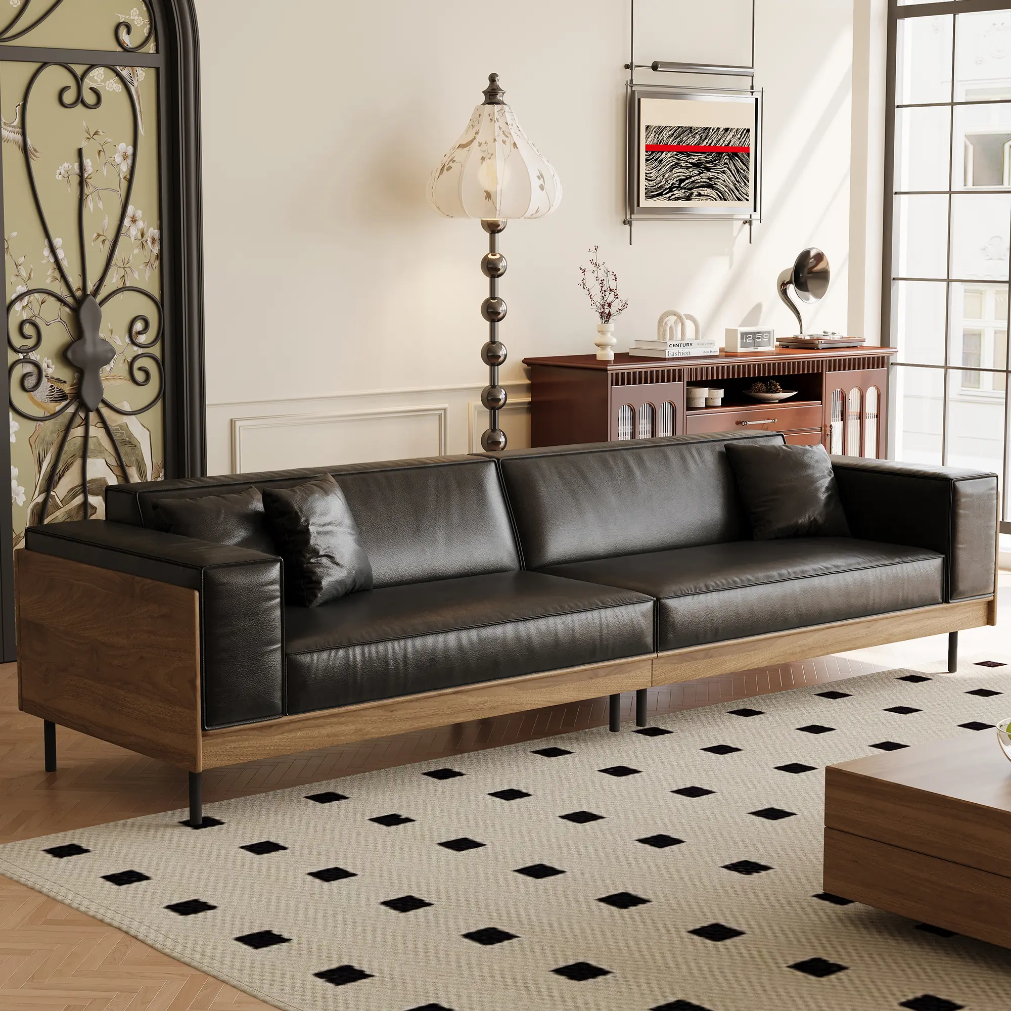 gaoyangjiaju 106.3-inch Modern Four-Seater Sofa,Minimalist Deep Seat Couches with high-Density Compressed Foam Cushions and Detachable Cover, Suitable for Living Rooms and Offices, in Black Leather.