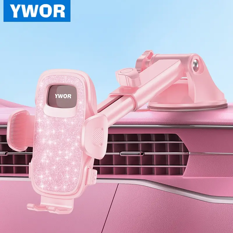 YWOR Pink Cell Phone Car Holder, Car Phone Stand with 360° Rotation, Quick-Release & Adjustable Dashboard Mount for iPhone 16 & Galaxy, Heat-Resistant ABS, Secure Grip, Secure Smartphone Mount, for Trucks & Cars