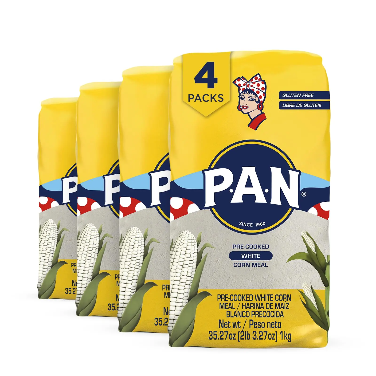 White Corn Meal – Pre-cooked Gluten Free and Kosher Flour for Arepas (2.2 lb/Pack of 4)