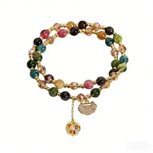 Double Layer Rainbow Tourmaline Bracelet For Women Bohemian Style Delicate Longevity Lock Unique Jewelry Beads Bracelet L39