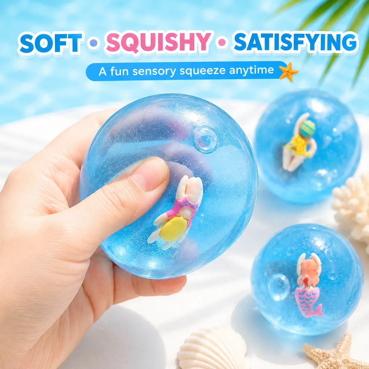 Blue Clear Round Ball Squishy Toy with Floating Swimmer Mermaid Figure Home Supplies, Ocean Sensory Water Ball for Summer Beach Theme Birthday Party Supplies, Bulk Goodie Bag Fillers Favors