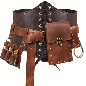 5pcs Renaissance Costume Set: PU Leather Belt, Corset, Potion Bottle, Sword Sheath & Hook - Perfect for Medieval Festivals & Halloween Cosplay Menswear Clothes Brown Bestie Tropical