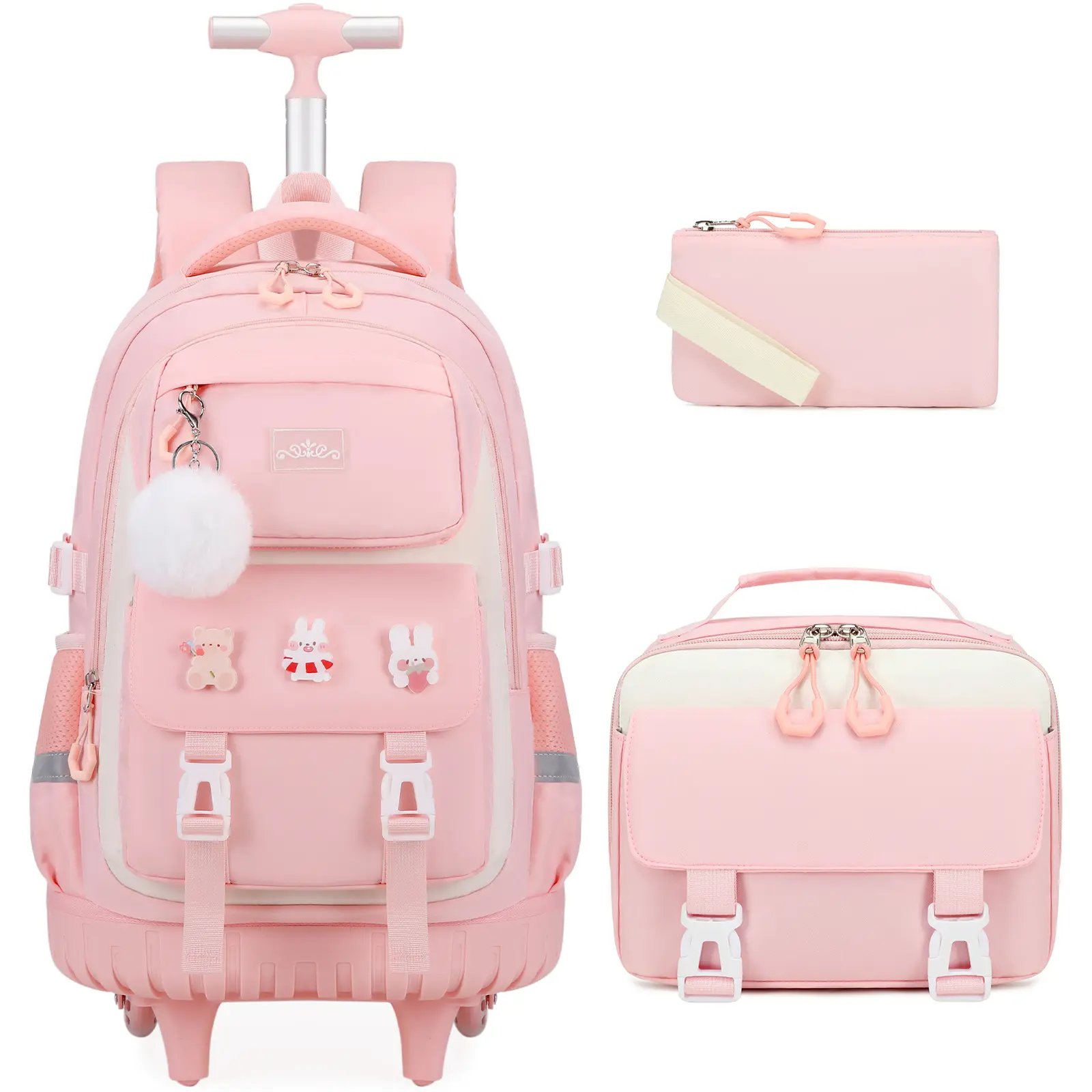 SIMILOVE Rolling Backpack for Girls, Roller School Bag with Wheels, Wheeled Backpacks with Lunch Bag Pencil case for Elementary School Bookbags with Cute Pins Pink