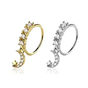 Nose Hoop Bendable Surgical steel Prong CZ with Dangle Jewel Crescent Moon Star Design 20 Gauge