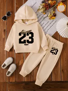 Autumn Winter Kids Fleece Hoodie Set, Chicago 23 Print Sweatshirt & Matching Casual Joggers, Warm Sporty Style for Boys Girls