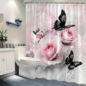 2D Flat 1Pc Light Pink Rose and Black Butterfly Shower Curtain with 12 Hooks - Vintage Floral Shower Curtain Suitable for Bathtub/Shower Room, Machine Washable, Elegant Pink Rose Design, Perfect Housewarming Gift