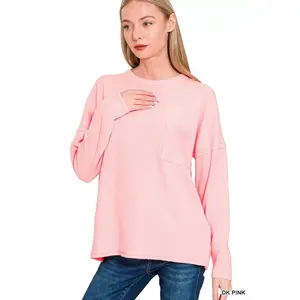 Zenana Ribbed Brushed Melange Hacci Sweater with Chest Pocket