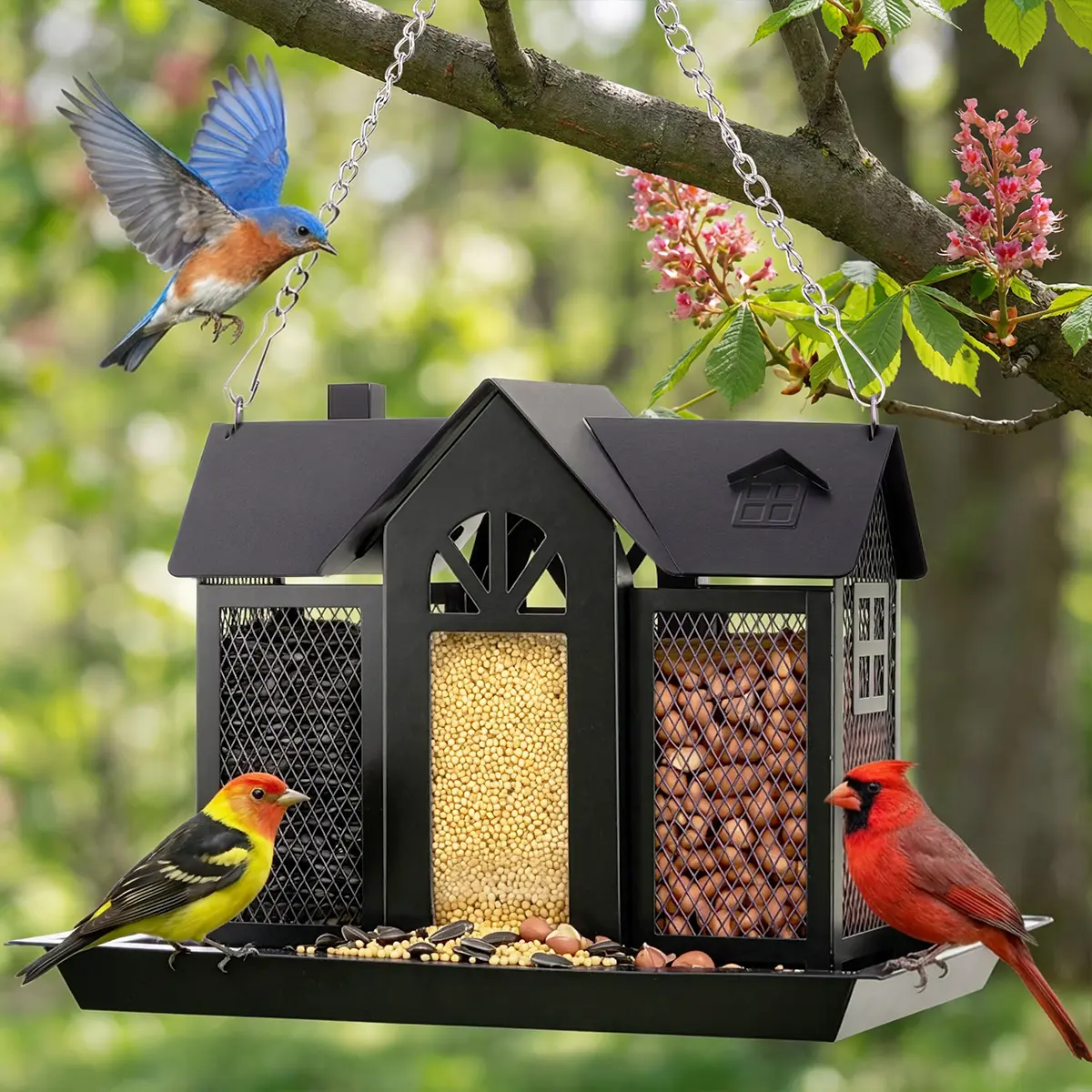 PAWGIANT Bird Feeder House for Outside, 10" × 8" × 7", Hanging Metal Mesh Wild Bird Feeder with Triple Feeders for Finch Cardinal Chickadee Large Capacity, Weatherproof and Durable, Garden Decor for Outside, Unique Gifts for Bird Lovers, Black, DFYD
