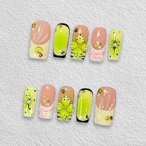 Pressmeon Handmade Press-on Nails | Kiwi Picnic | Medium Square Shape Collection | 3D Luxury Salon Quality | Reusable & Extra Durable | Eco Package