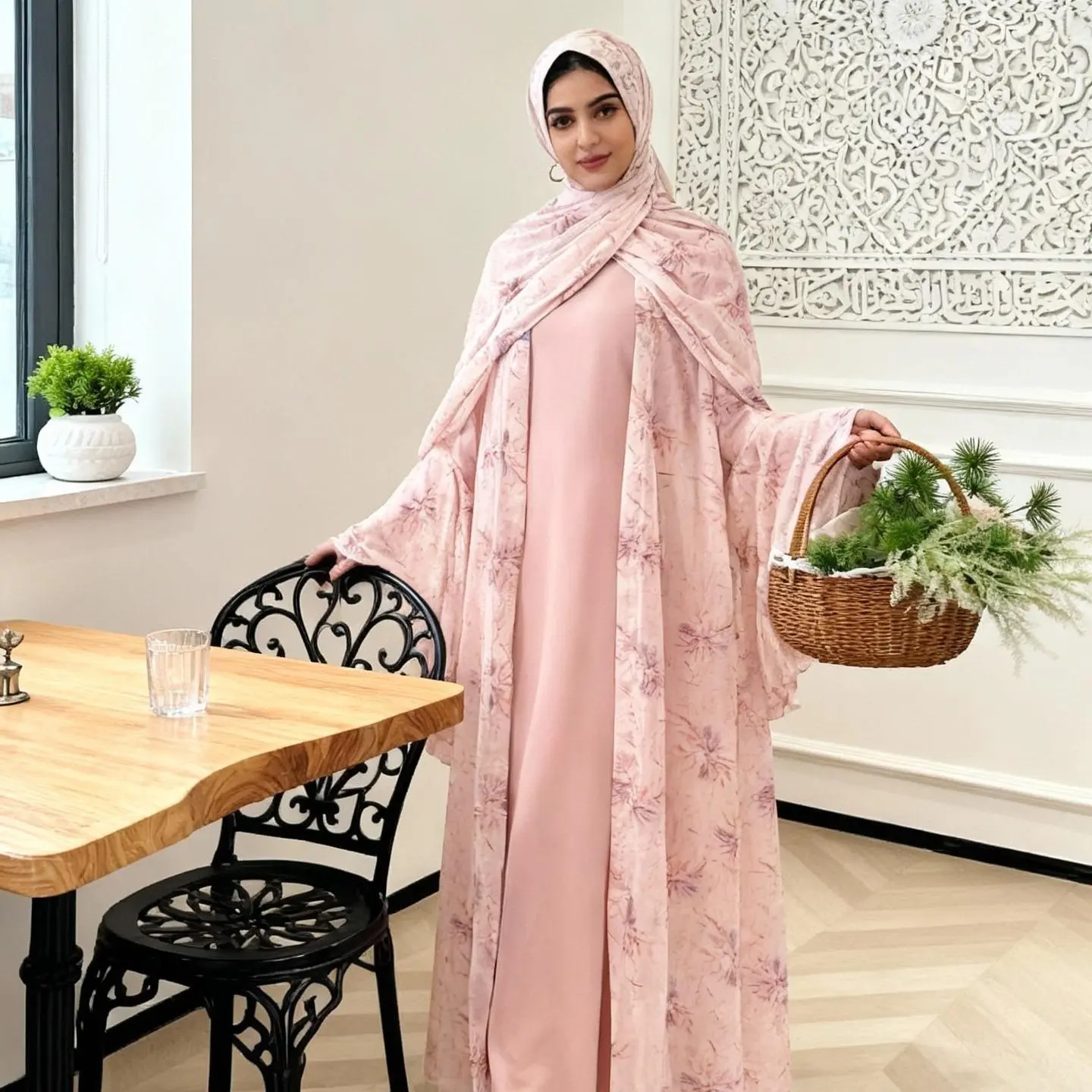 #CL79 Pastel Floral Abaya Set with Matching Hijab , Adorned with delicate pink , purple floral prints,a romantic, soft pink full-length outer cardigan and a coordinated hijab, Merging charm with airy comfort