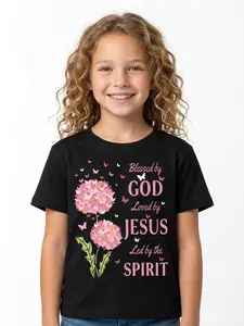 Toddler Girls' "Blessed by God" Short Sleeve T-Shirt - Cute Pink Dandelion & Butterfly Graphic Tee, Casual Christian Cotton Top for Kids