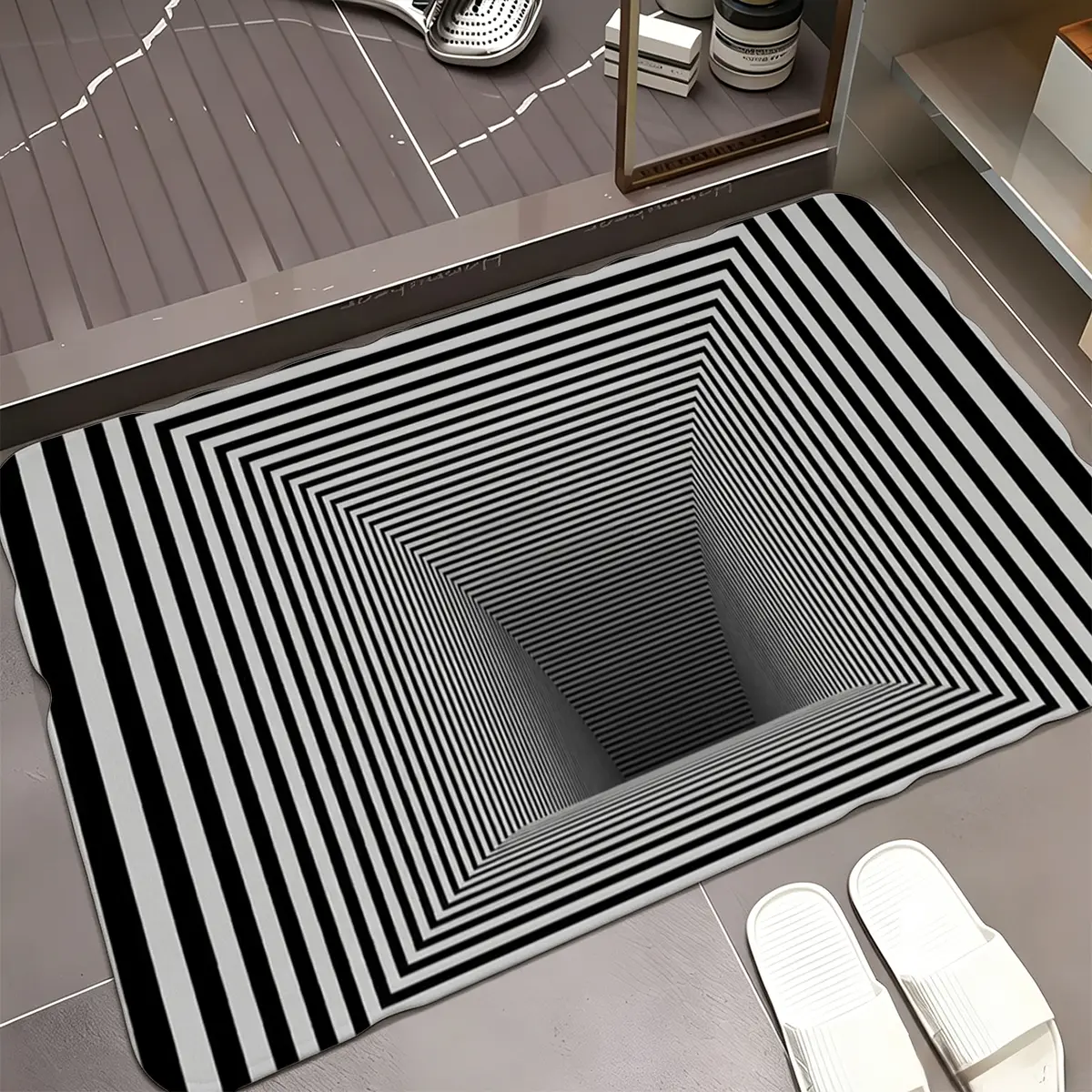 Black White Square Tunnel 3D Optical Illusion Flannel Door Mat, 16×24in Geometric Stripe Vortex Visual Pattern Non-Slip Absorbent Floor Rug for Entryway Bathroom Bedroom Kitchen