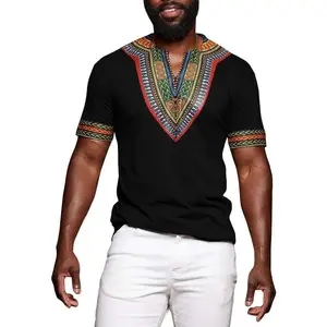 Mens African Dashiki T Shirt Tribal Floral Print V Neck Slim Fit Shirts Tops Menswear Tropical
