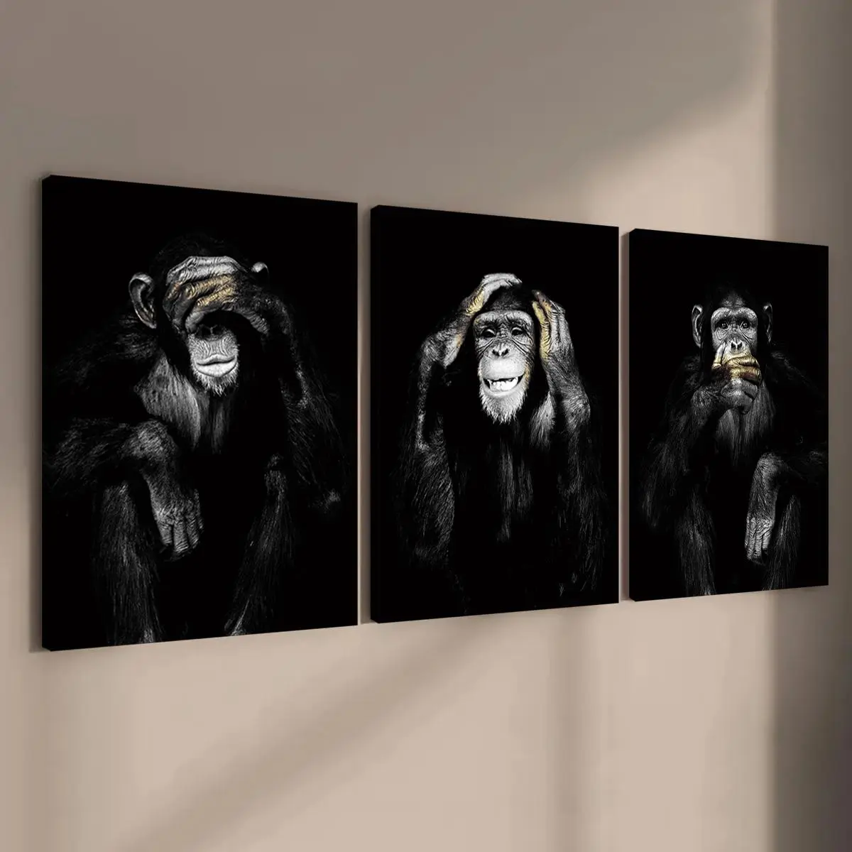 Wooden Framed Canvas Painting, 3 Counts Funny Monkey Pattern Animal Design Hanging Wall Art, Decorative Wall Art, Modern Art for Home Living Room Bedroom Office Decor Art Wall Decoration