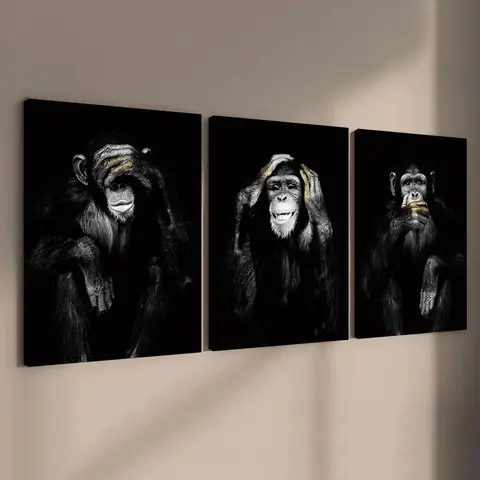 Wooden Framed Canvas Painting, 3 Counts Funny Monkey Pattern Animal Design Hanging Wall Art, Decorative Wall Art, Modern Art for Home Living Room Bedroom Office Decor Art Wall Decoration