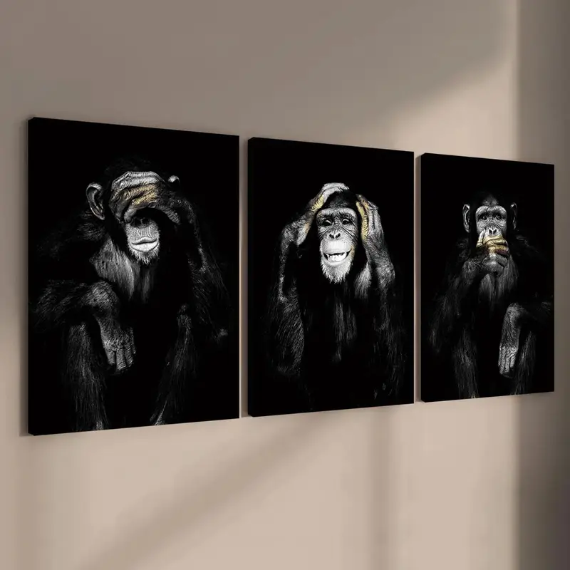 Wooden Framed Canvas Painting, 3 Counts Funny Monkey Pattern Animal Design Hanging Wall Art, Decorative Wall Art, Modern Art for Home Living Room Bedroom Office Decor Art Wall Decoration