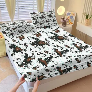 Turquoise Cow Print Fitted Sheet Set, 1 Fitted Sheet + 2 Pillowcases, Western Cowhide Pattern Bedding, Soft, Comfortable & Breathable Microfiber, All Season Use, Deep Pocket, Non-Slip, Wrinkle & Fade Resistant
