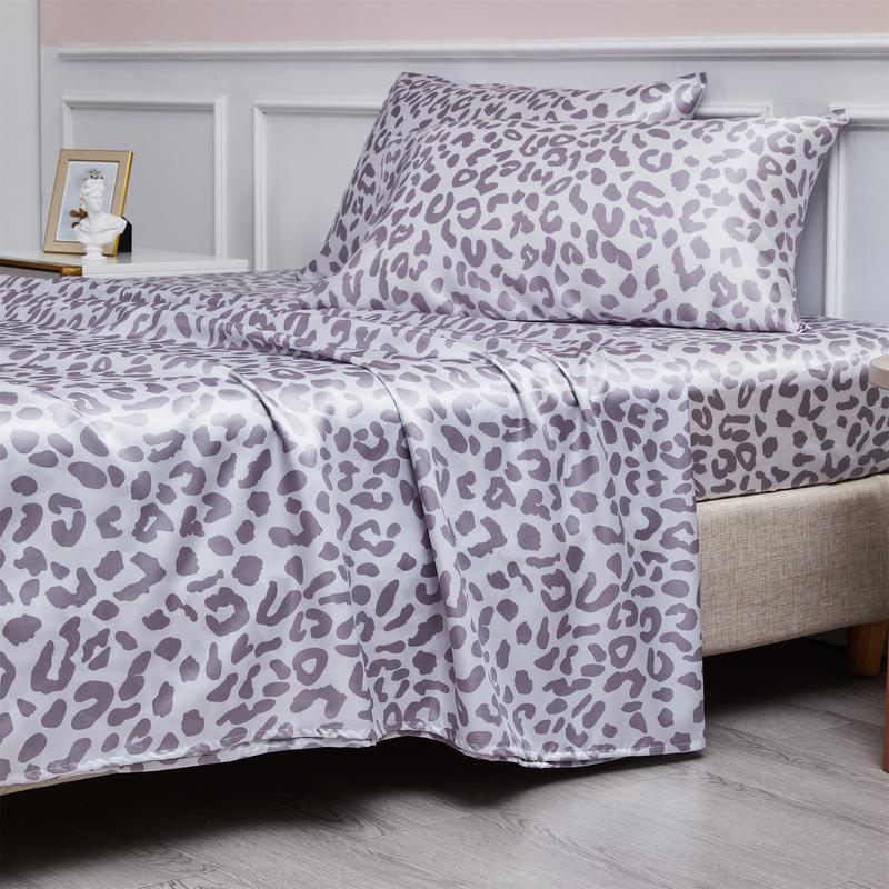 BEKRVIO- 4-Piece Purple leopard Soft Satin Sheet Set Faux Silky Bedding and Pillowcases Cooling & Wrinkle-Free  Fitted  Deep Pocket King Queen Twin Size Skin-friendly & Hair-Protective Low-Friction Cool Touch Breathable Heat-Dissipating Bed Sheet Set