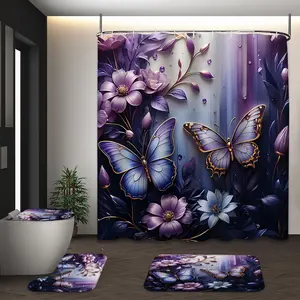LVRLVR 4Pcs Purple Butterfly Floral Botanical Print Boho Elegant Romantic Multi-Color Shower Curtain Set 70.8×70.8 Inch