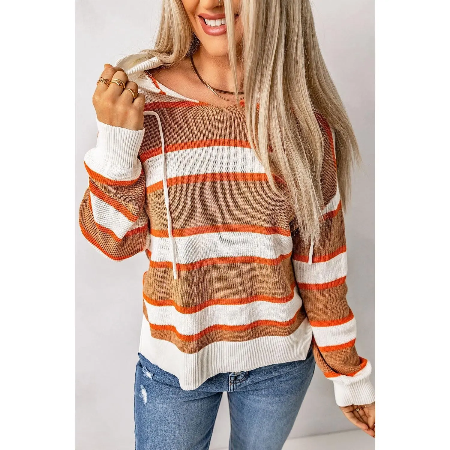 Orange/Multicolor Striped Colorblock Sweater Hoodie