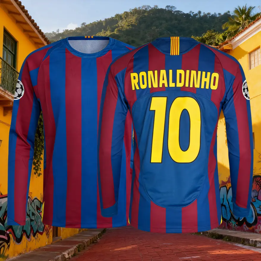 Ronaldinho 2005-06 Retro Home Blue Red No.10 No.80 Long-sleeved Football Shirts