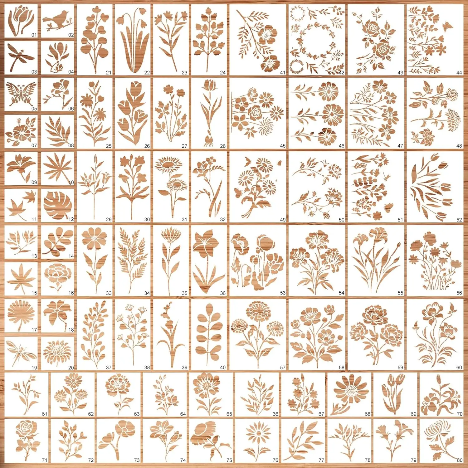 80 count Stencils for Painting, Stencils for Crafts  Flower Wall Stencils for Drawing Art Scrapbook (6x4.7in, 5.91x2.59in, 4x4 in, 2x2in)